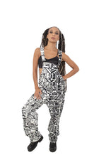 BAM-BAM Black and White Senshi Dungarees highlighting cubist patternism and relaxed fit.