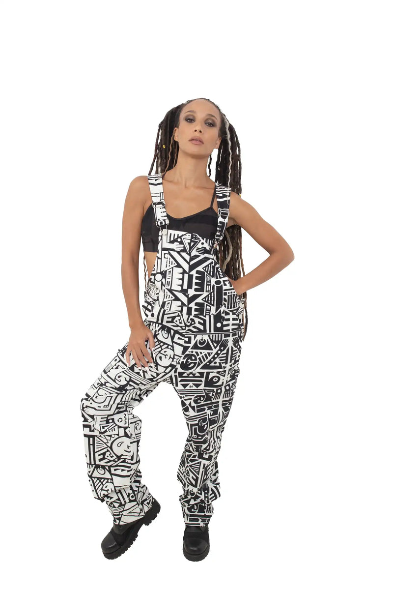 BAM-BAM Black and White Senshi Dungarees highlighting cubist patternism and relaxed fit.