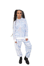 Mesh ice-blue BAM-BAM hoodie highlighting cubist patternism, artistic sustainable fashion