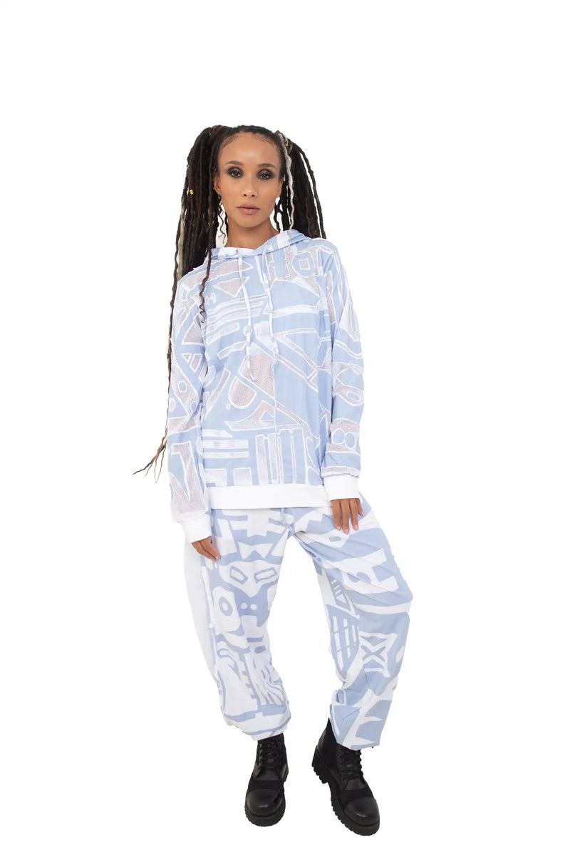 Mesh ice-blue BAM-BAM hoodie highlighting cubist patternism, artistic sustainable fashion