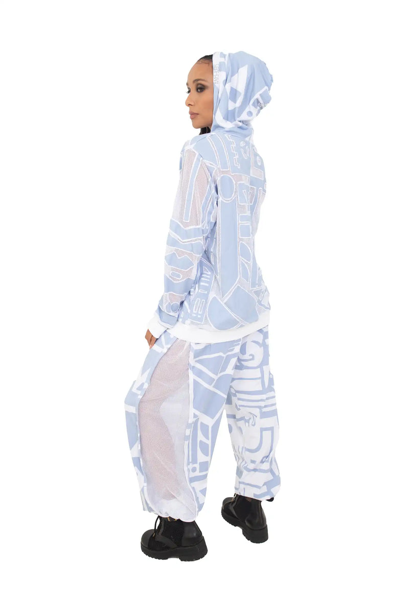 Detail shot of ice-blue mesh BAM-BAM hoodie highlighting cubist patternism, artistic sustainable fashion