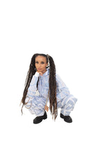 Styled ice-blue mesh BAM-BAM hoodie showing cubist patternism and sustainable wearable art