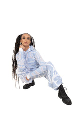 Styled outfit with ice-blue mesh BAM-BAM hoodie, abstract prints and artistic streetwear look
