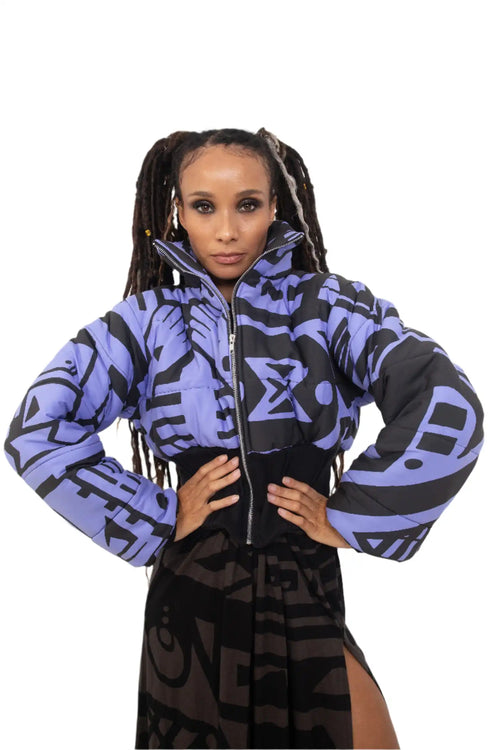 Styled BAM-BAM Purple & Black Cropped Puffer Jacket emphasizing sustainable streetwear and refined detailing.