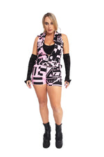 Detail view of Pink & Black BAM-BAM playsuit featuring sustainable streetwear design.