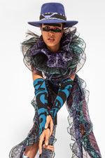 PURPLE, TURQUOISE & BLACK NECK RUFF/HEAD PIECE