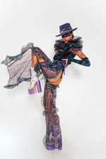 Detailed shot of purple-black BAM-BAM ruffle skirt showing sustainable fashion and abstract wearable art