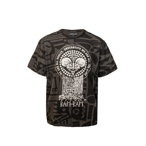 Front view of BAM-BAM One Love Charcoal Oversized Tee in bamboo fabric, featuring “We Are All Skulls” screen-print.