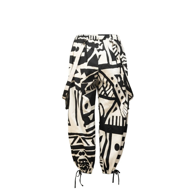 BAM-BAM black and white oversized overalls with bold graphic pattern, back product view.
