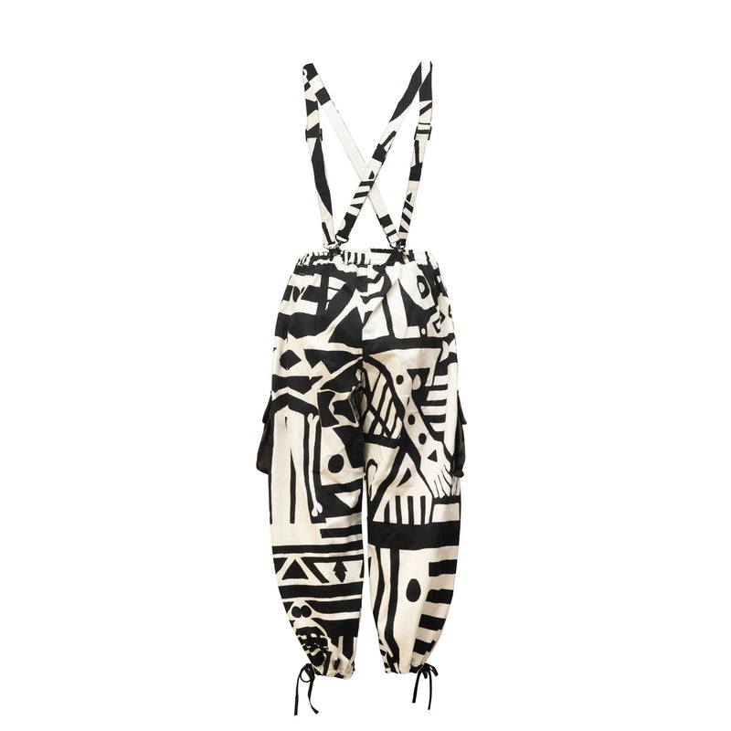 BAM-BAM black and white oversized overalls with bold graphic pattern, back product view.