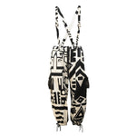BAM-BAM black and white abstract print overalls with suspenders, product front view.