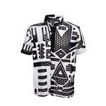 Flat lay of black and white BAM‑BAM round mesh shirt with cut‑out pattern, wearable art and sustainable streetwear