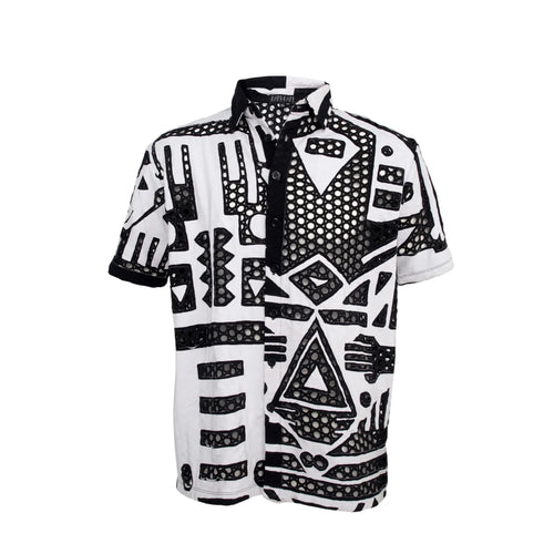 Flat lay of black and white BAM‑BAM round mesh shirt with cut‑out pattern, wearable art and sustainable streetwear