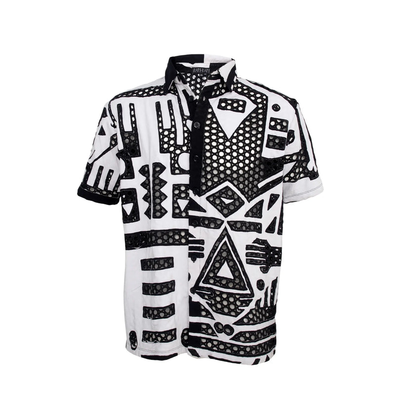 Flat lay of black and white BAM‑BAM round mesh shirt with cut‑out pattern, wearable art and sustainable streetwear