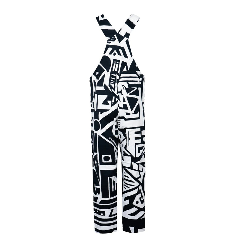Back view of black and white BAM‑BAM dungarees highlighting straps and sustainable streetwear design