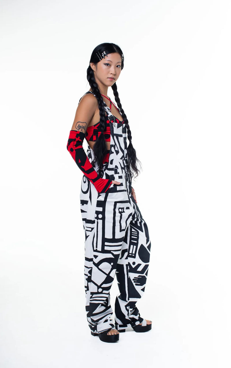 BAM‑BAM black and white dungarees with abstract prints and cubist patternism