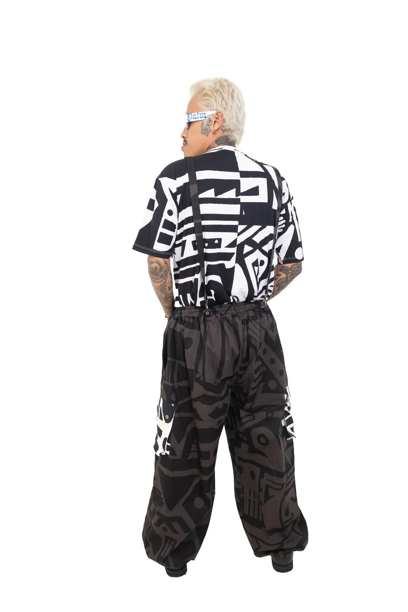 Back view of BAM‑BAM charcoal baggy pants with relaxed fit and sustainable streetwear design