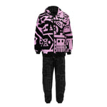 Model walking in charcoal and pink BAM‑BAM poppa pants showing artistic streetwear and cubist patternism