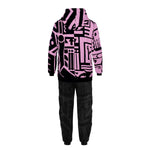 Front view of charcoal and pink BAM‑BAM poppa pants worn by model, featuring wearable art and self‑expression