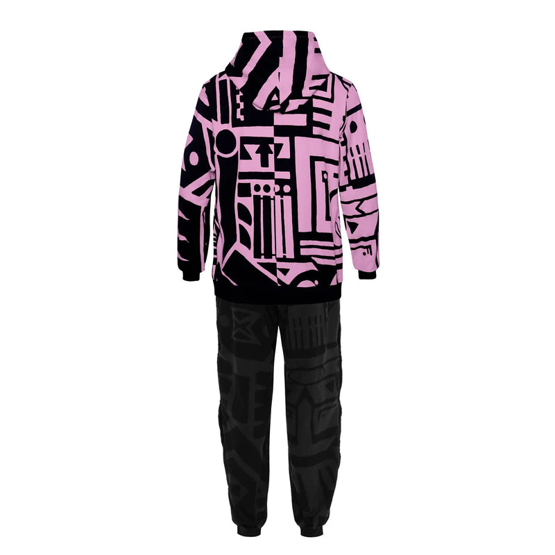 Front view of charcoal and pink BAM‑BAM poppa pants worn by model, featuring wearable art and self‑expression