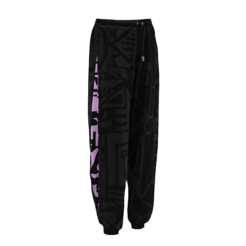 Flat lay of charcoal and pink BAM‑BAM poppa pants with abstract prints and sustainable streetwear design