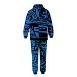Dark blue BAM‑BAM trousers with matching Hoodie, featuring cubist patternism and wearable art