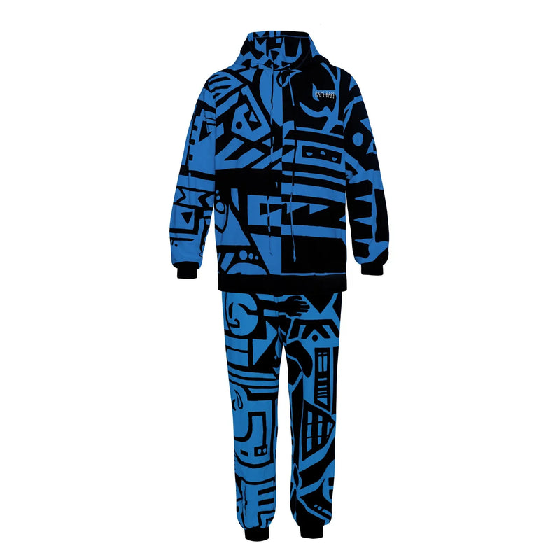 Dark blue BAM‑BAM trousers with matching Hoodie, featuring cubist patternism and wearable art