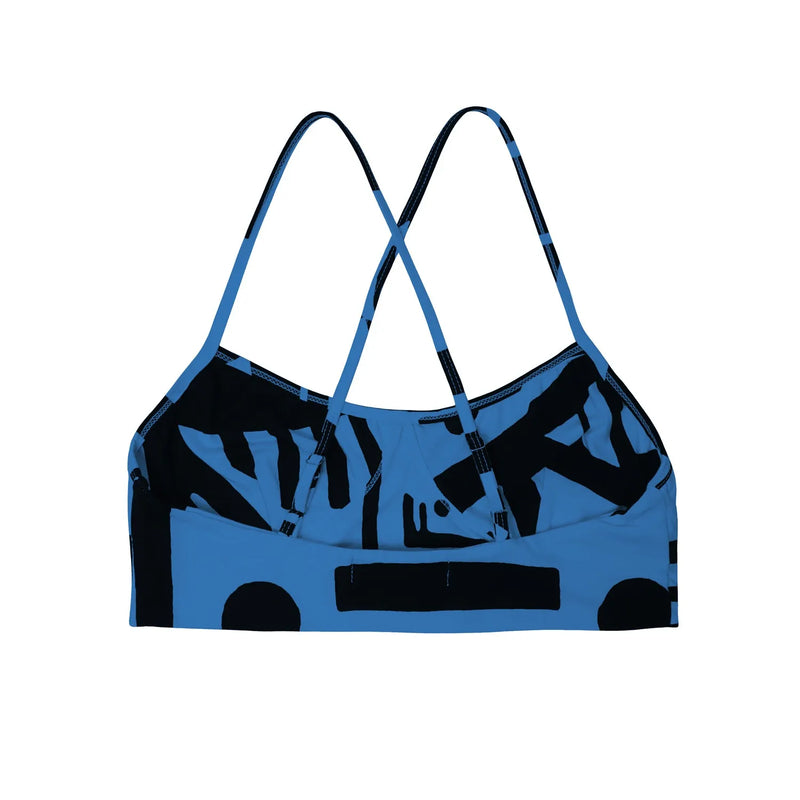 Back of dark blue BAM‑BAM bamboo bra top with abstract prints and sustainable streetwear appeal