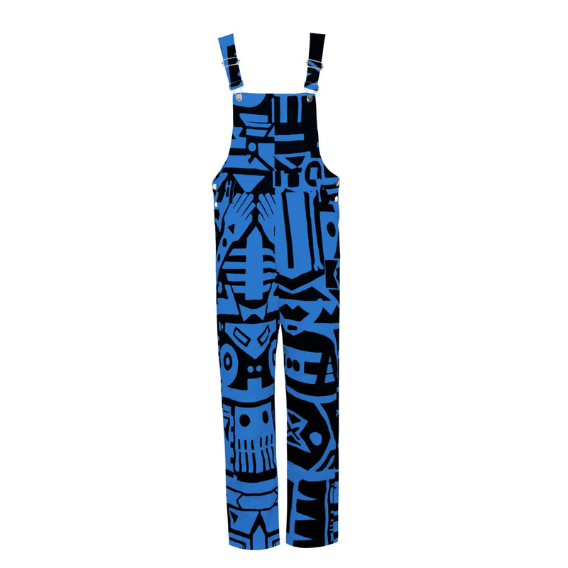 Flat lay of dark blue and black BAM‑BAM dungarees with abstract prints, wearable art and sustainable streetwear