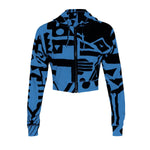 Flat lay of dark blue BAM‑BAM mini zip‑up hoodie with abstract prints and sustainable streetwear style