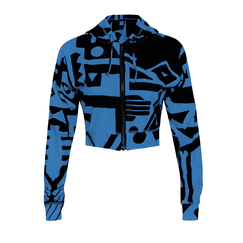 Flat lay of dark blue BAM‑BAM mini zip‑up hoodie with abstract prints and sustainable streetwear style