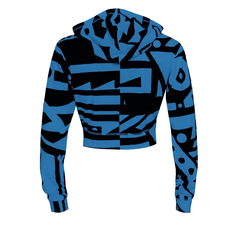 Flat lay back view of dark blue BAM‑BAM mini zip‑up hoodie with abstract prints and sustainable streetwear style