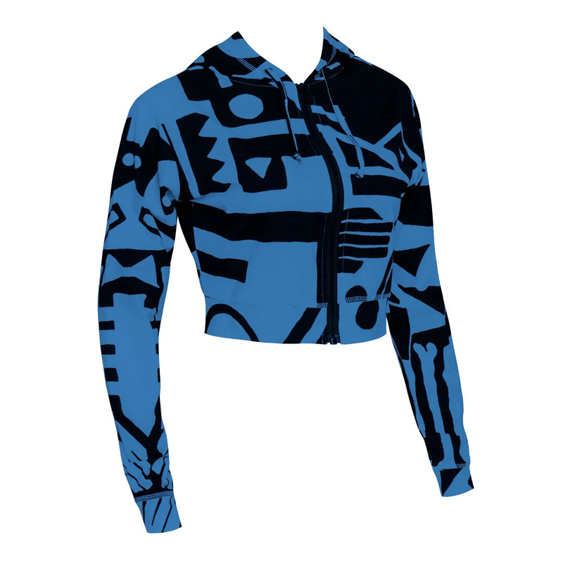 Side view of dark blue BAM‑BAM mini zip‑up hoodie with abstract prints and sustainable streetwear style