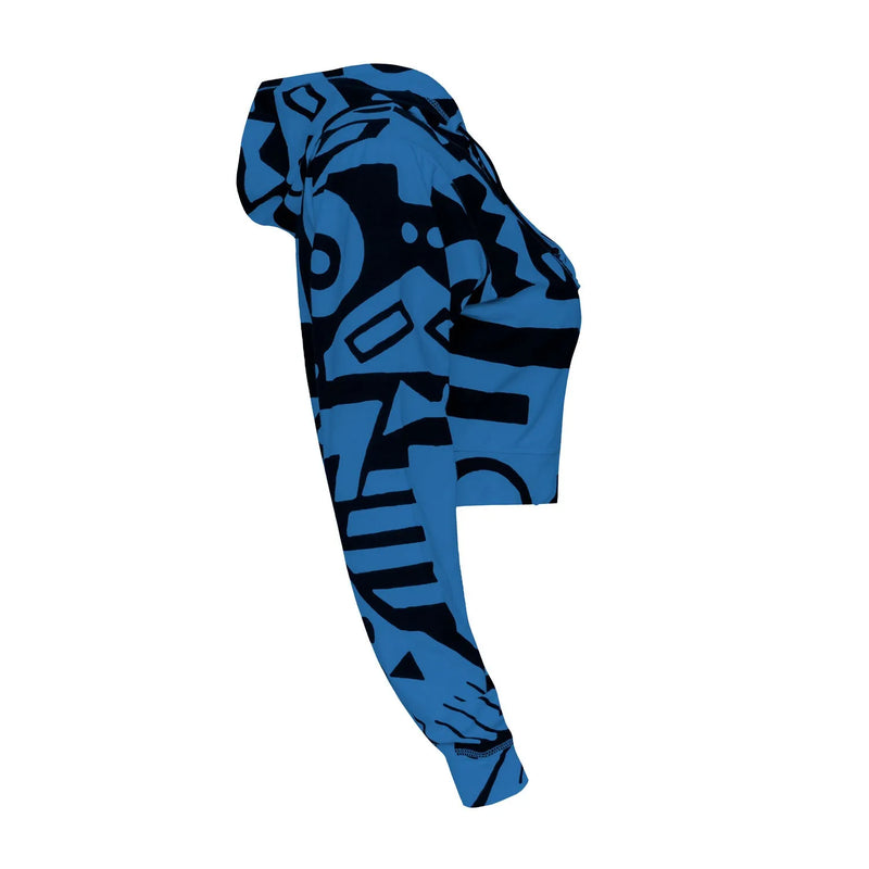profile of dark blue BAM‑BAM mini zip‑up hoodie with abstract prints and sustainable streetwear style
