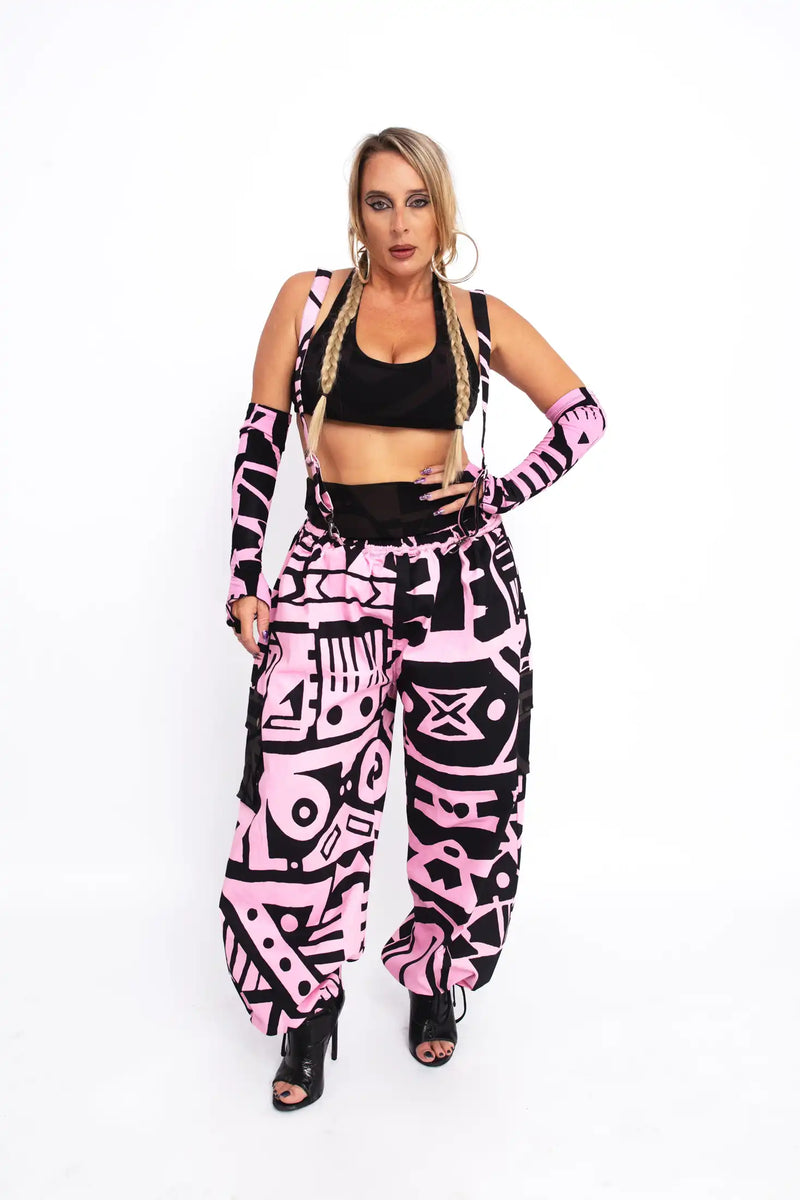 Front with Detail of BAM-BAM Pink & Black Bagus Pants capturing artistic balance of pink and black tones.