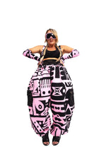 BAM-BAM Pink and Black Bagus Pants with fluid abstract prints and relaxed fit.