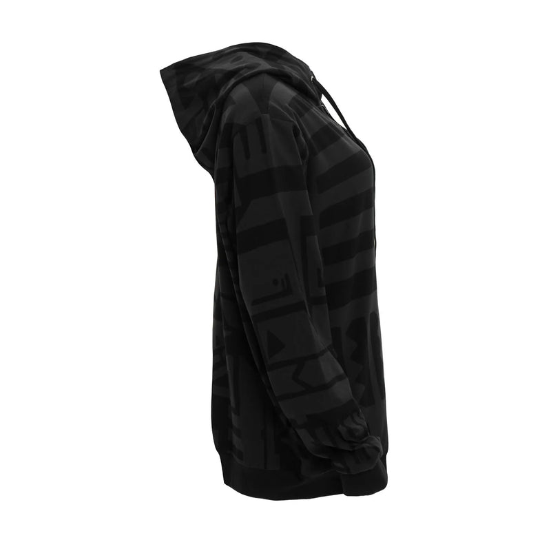BAM-BAM black hoodie with subtle abstract graphic print, side view.