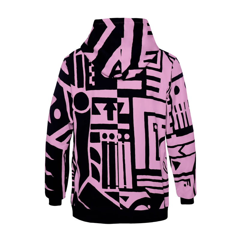 Flat lay showing inside of BAM‑BAM reversible charcoal and pink hoodie featuring bold self‑expression