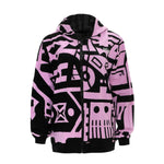 Charcoal and pink reversible BAM‑BAM hoodie with hood up showcasing wearable art