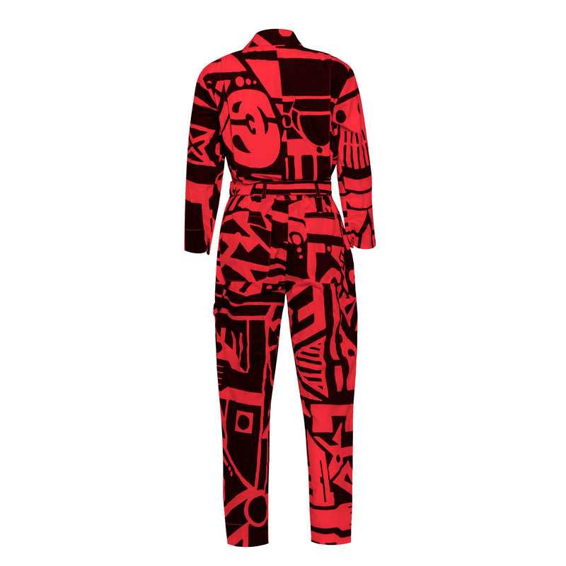 Red and Black Senshi Linen/Twill Jumpsuit