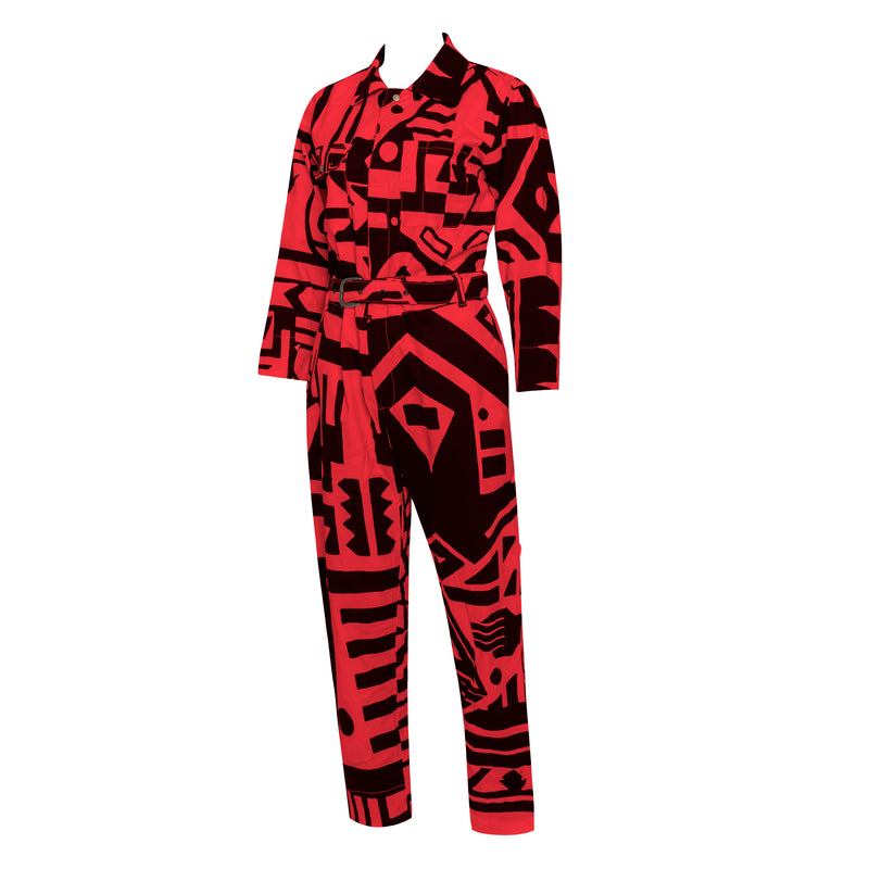 Red and Black Senshi Linen/Twill Jumpsuit